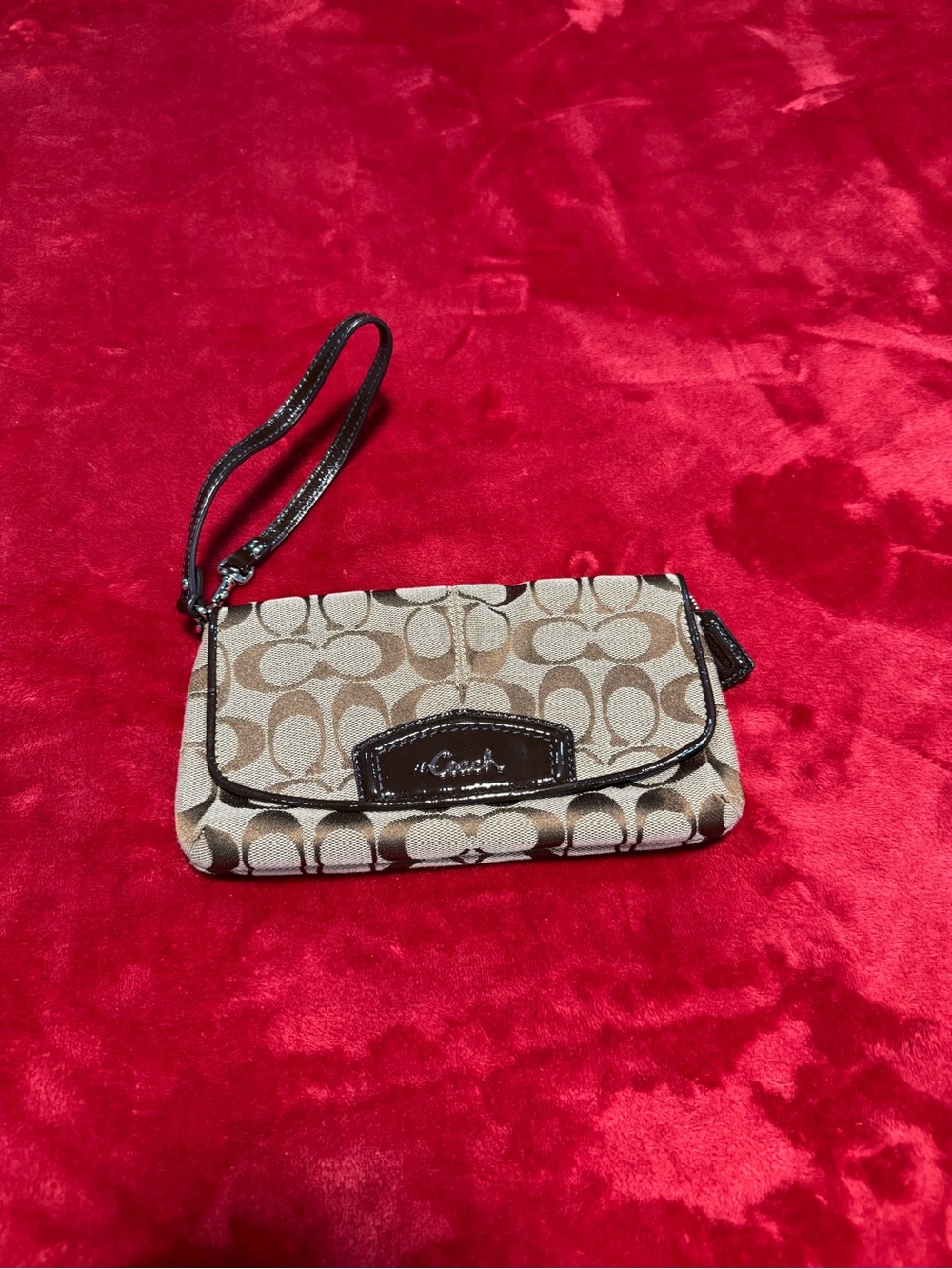 Coach Signature Khaki Canvas Wristlet with Dark Brown Trim